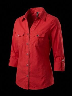 Cathy women’s red button-up shirt with pockets and adjustable sleeves size M